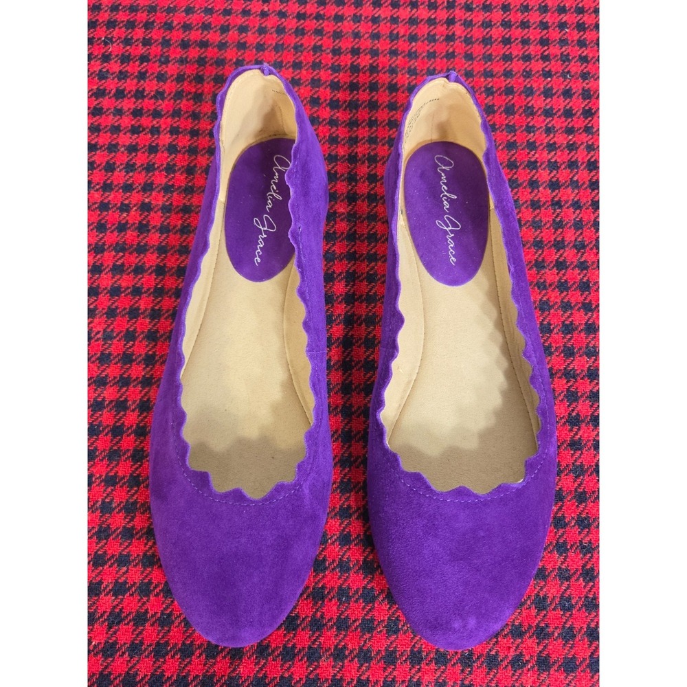 Amelia Grace Wynn Purple Suede Scalloped Ballet Flats Leather Women's sz 8M